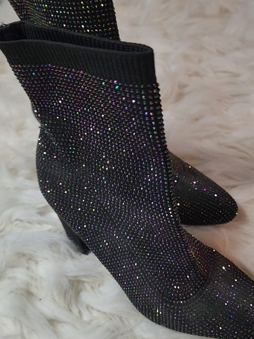 Women Wild Pair Size 9 Black Rhinestone Sock Ankle Boots Pointed Toe Block Heel